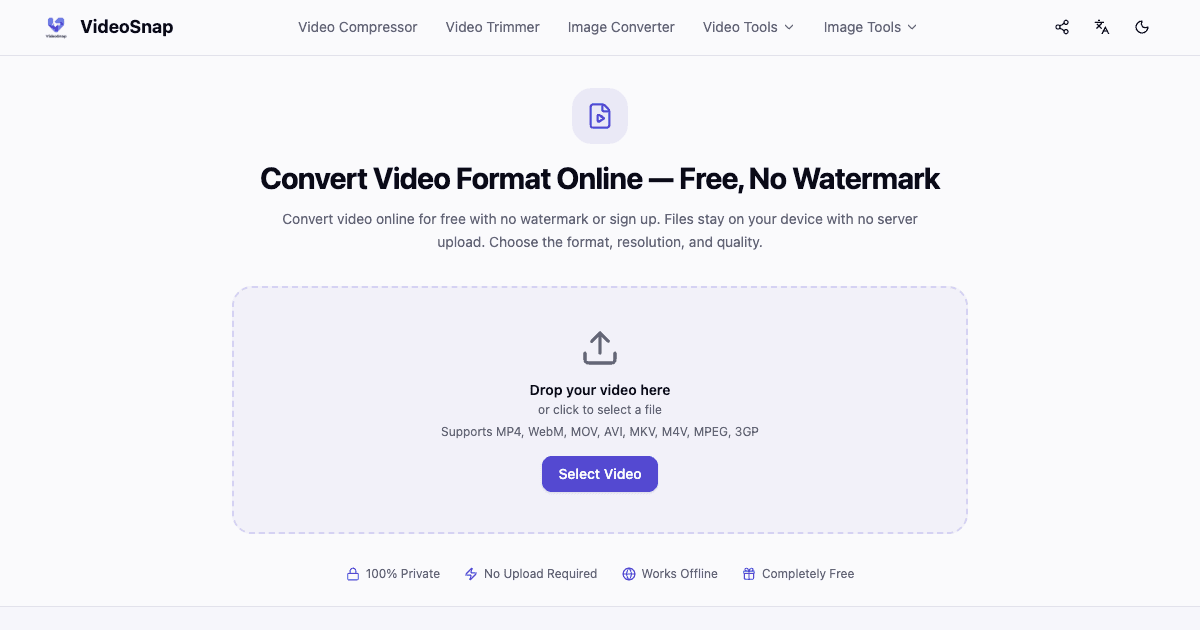 Free Video Converter — No Upload, No Watermark | VideoSnap preview 1
